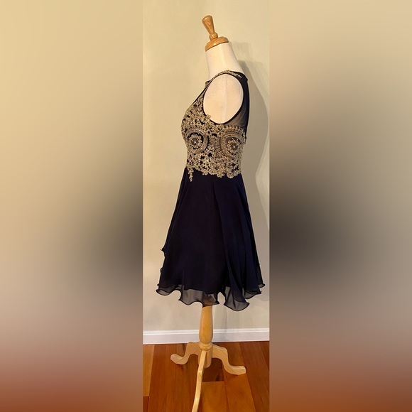 XSCAPE Gold and Navy Blue Party Dress with Beaded Accents - Picture 3 of 9